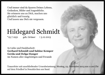 Traueranzeige von Hildegard Schmidt von Pegnitz-Zeitung